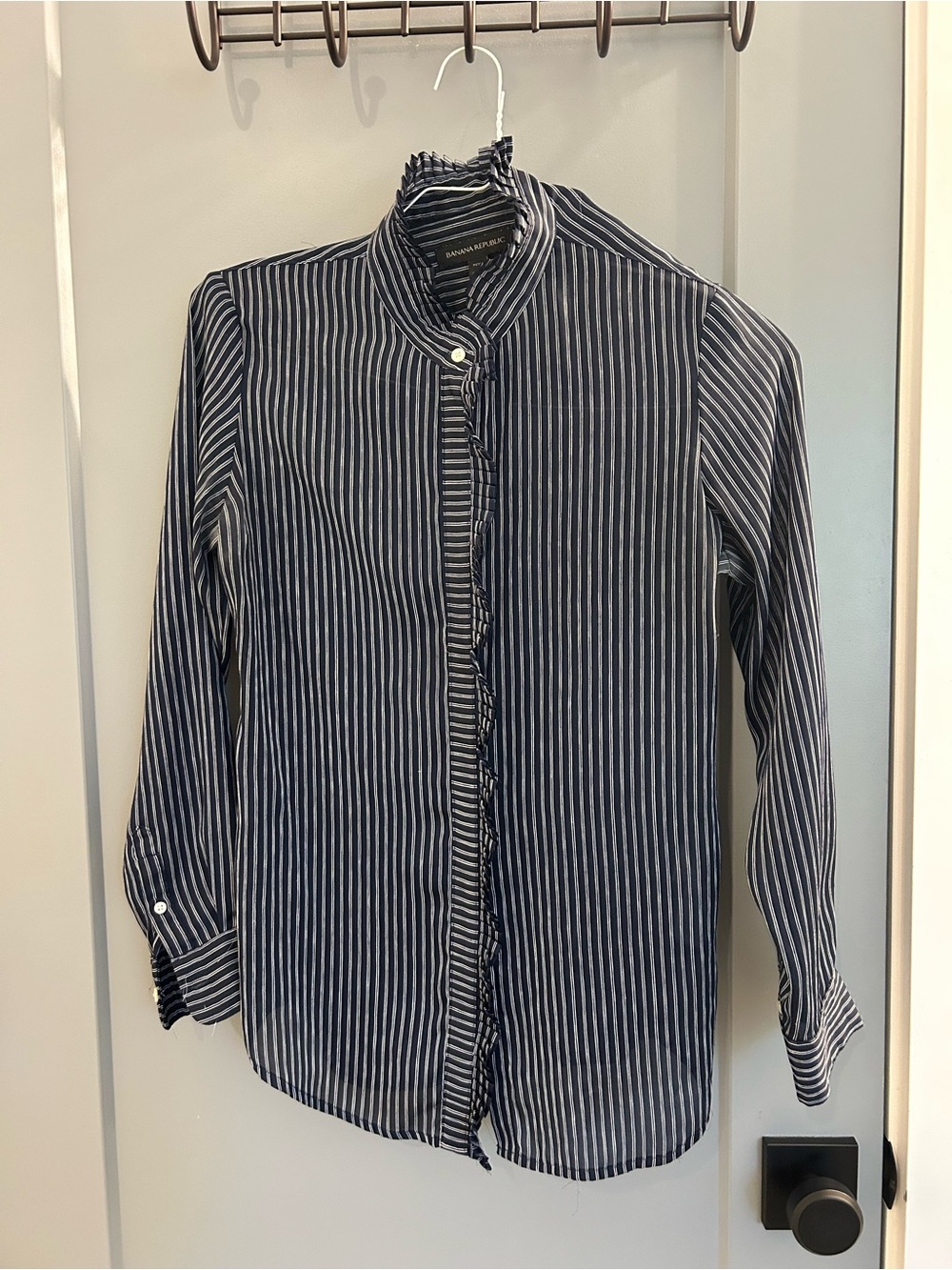 Banana Republic Blue and White Striped Ruffle-Trim Women’s Shirt